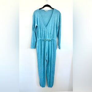 ROLLER RABBIT Agatha Jumpsuit Teal Ribbed Pajamas One-Piece Drawstring & Pockets
